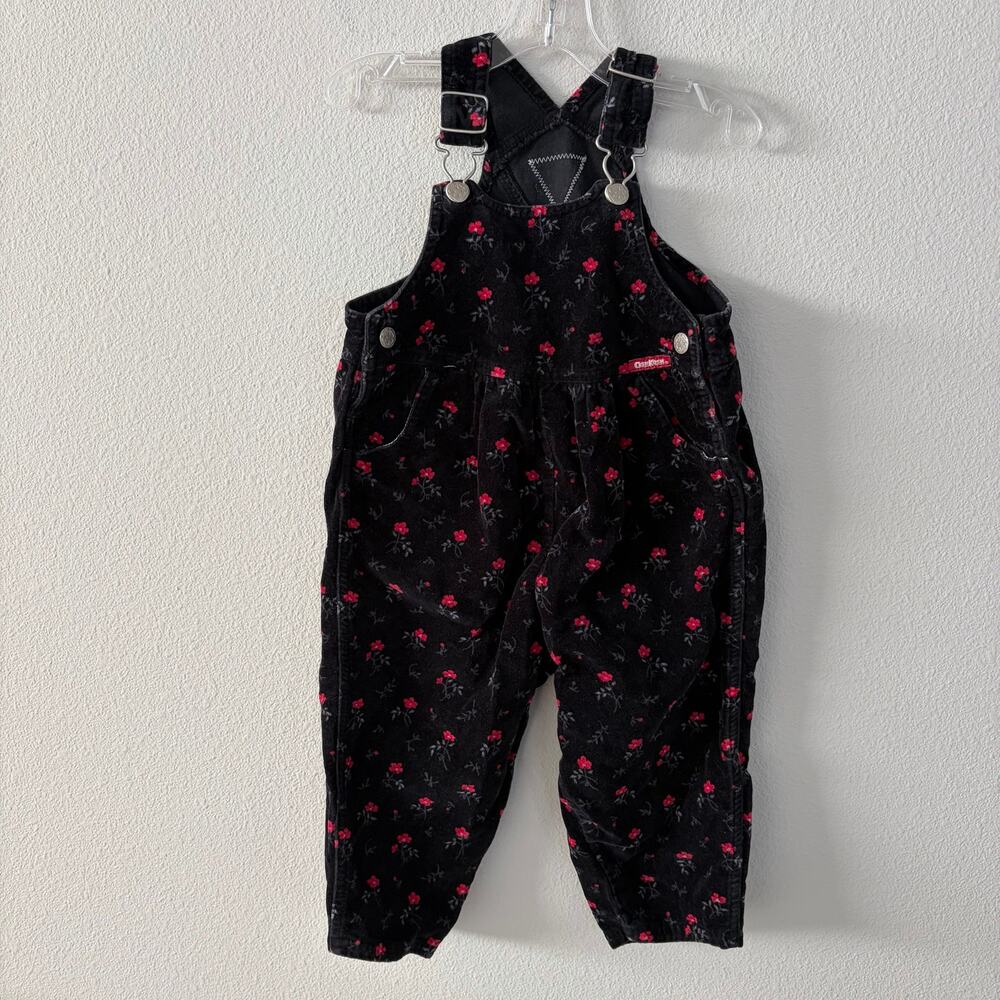 Vintage OshKosh B'Gosh Floral Black Velvet Overalls Vestbak (2T)